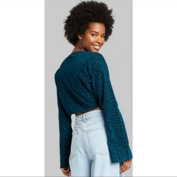 Wild Fable brand Teal Velvet Floral Cropped Tie Front Bell Sleeve Top ✨ - Picture 8 of 11